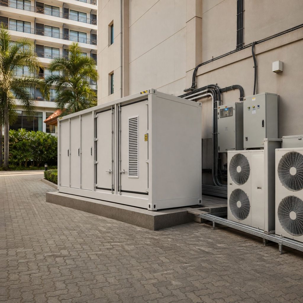 Commercial battery storage equipment supporting managed hotel HVAC and essential loads.