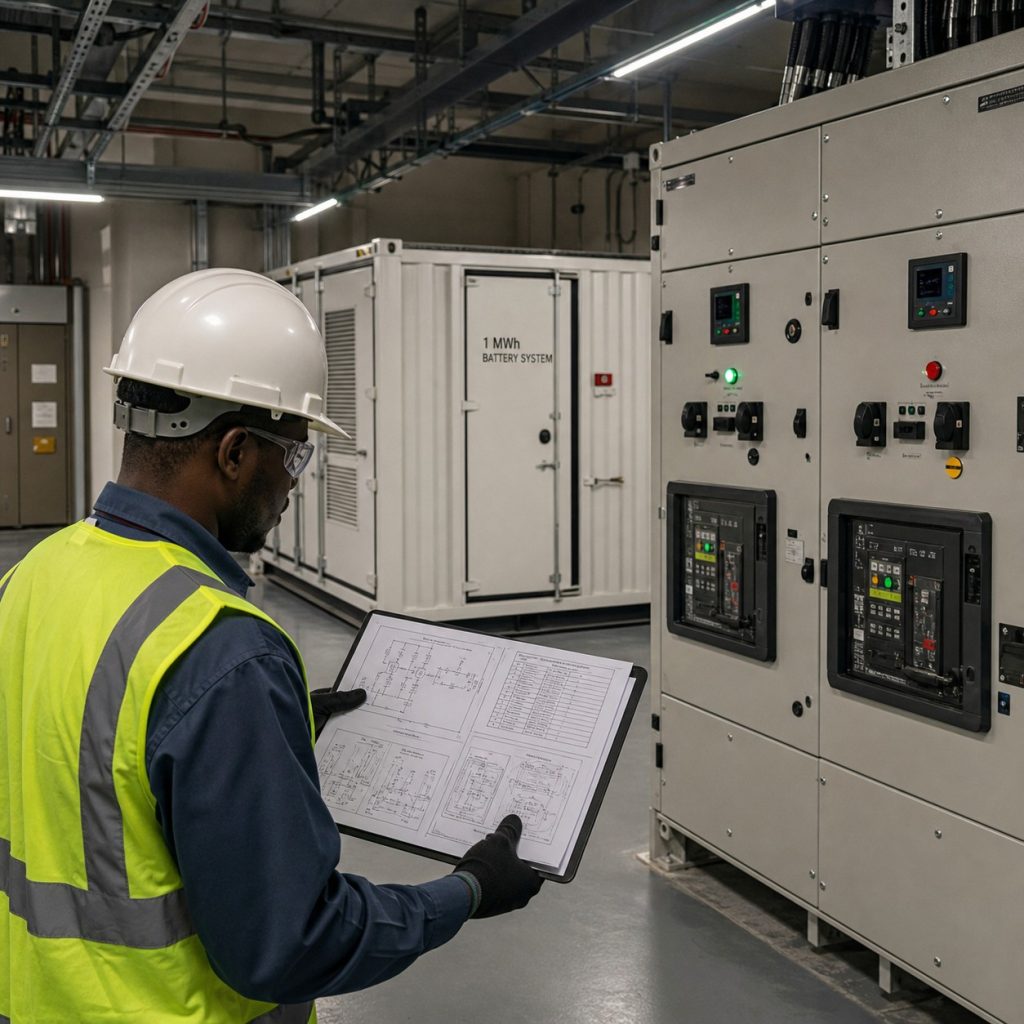 Engineer reviewing hotel load data and electrical plans for battery storage sizing.