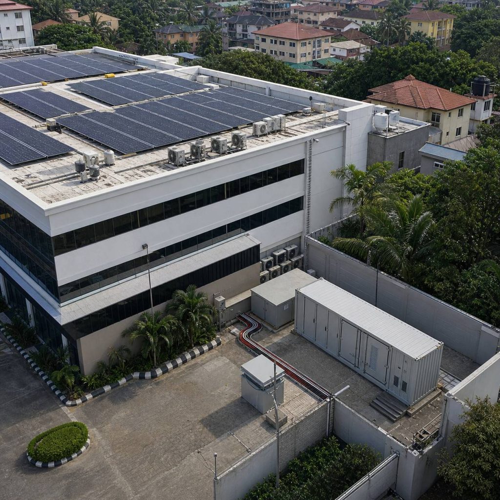 Hotel rooftop solar array and commercial battery storage area for coordinated energy management.