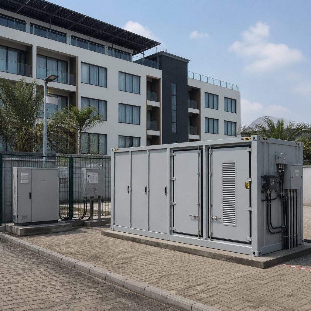 Outdoor commercial battery energy storage installation beside a hotel in Nigeria.