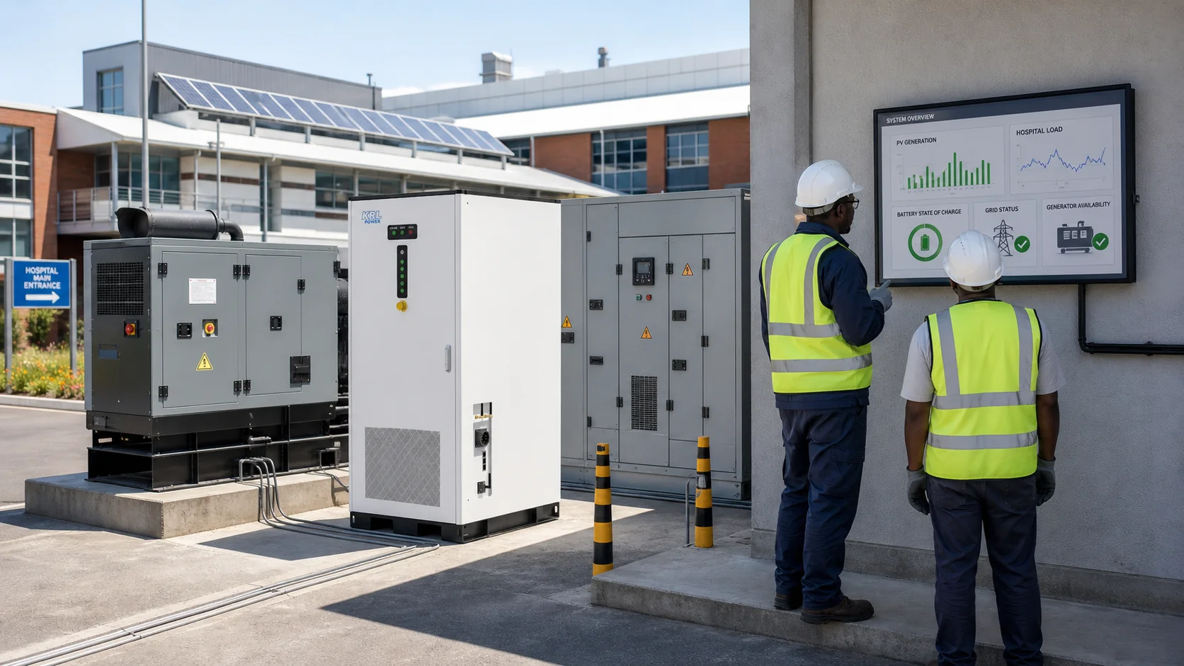 Engineers commissioning KRL-B261L EMS for a South African hospital solar storage diesel microgrid
