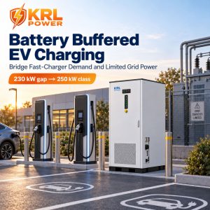 Battery-buffered fast-charging site illustrating a 230 kW power gap with KRL battery storage