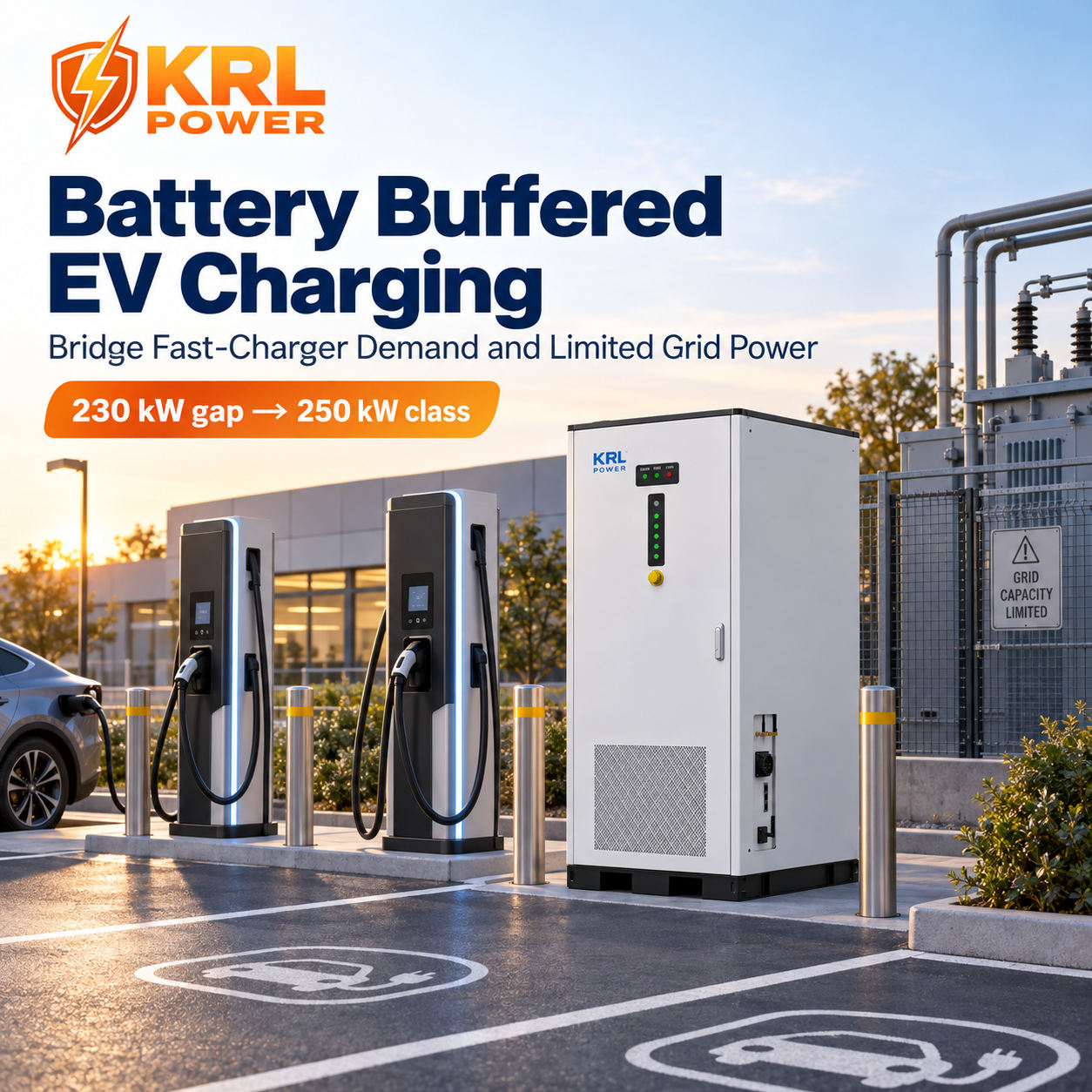 Battery-buffered fast-charging site illustrating a 230 kW power gap with KRL battery storage
