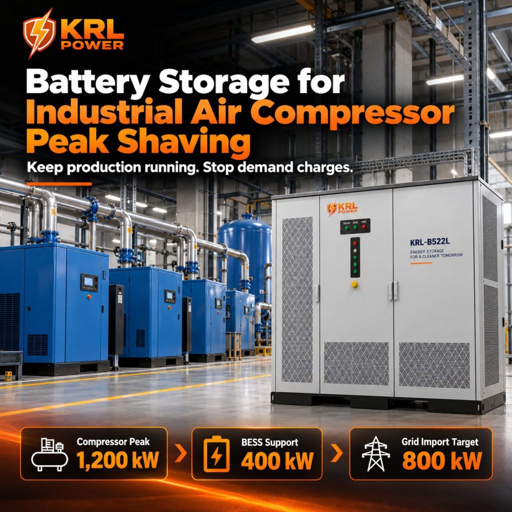 Industrial air compressor peak shaving with KRL battery storage reducing a 1200 kW plant peak toward an 800 kW grid-import target