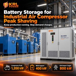 Industrial air compressor peak shaving with KRL battery storage reducing a 1200 kW plant peak toward an 800 kW grid-import target