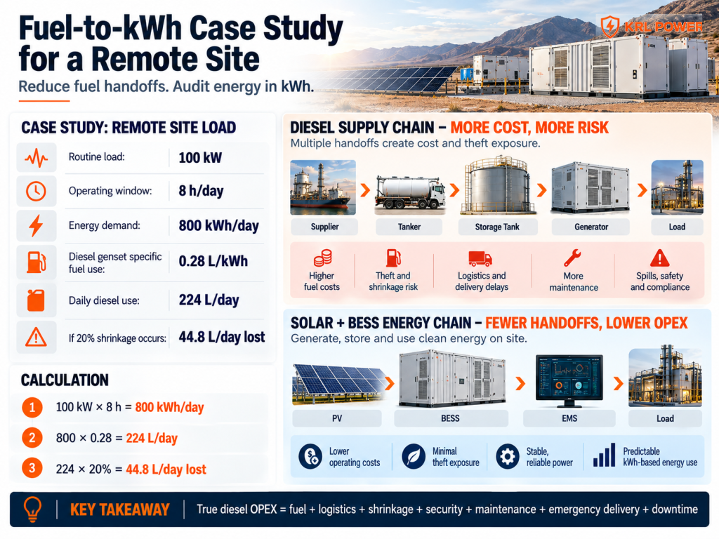 Remote-site infographic comparing diesel fuel handoffs with solar BESS and EMS energy tracking in kilowatt-hours