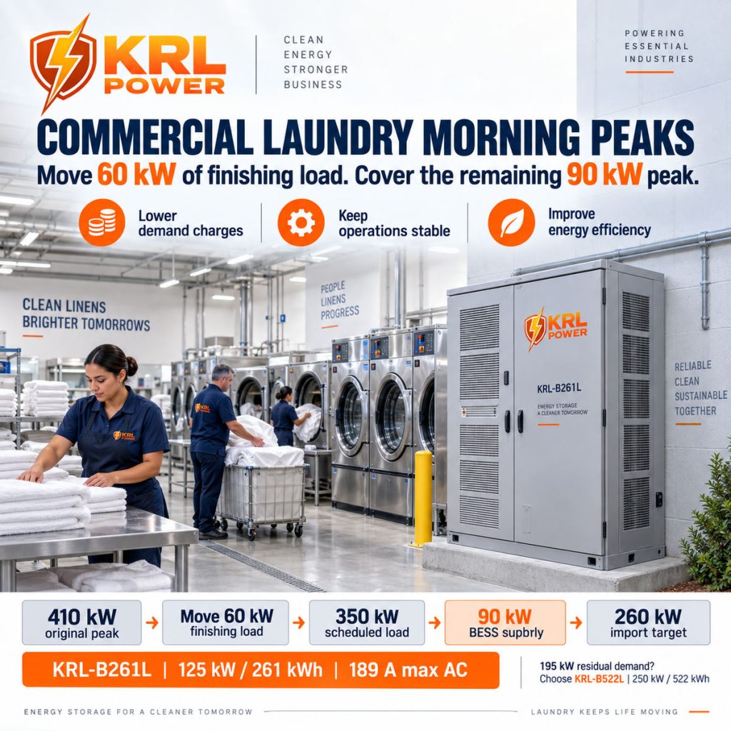 Commercial laundry morning peak shaving with a KRL-B261L 125 kW 261 kWh cabinet and washer dryer finishing operations