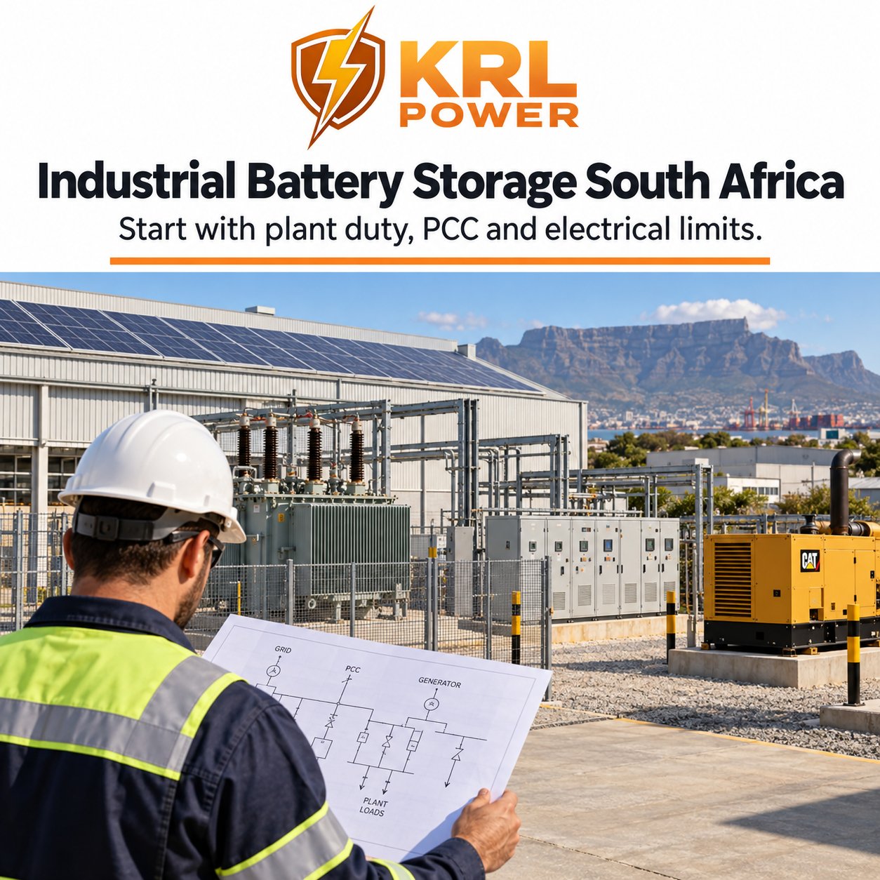 Industrial battery storage planning at a South African factory with rooftop solar, transformer, PCC, diesel generator and plant electrical boundary