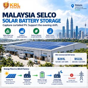 KRL Power Malaysia SELCO solar battery storage cover showing rooftop PV, zero export and evening factory load without fabricated product cabinets