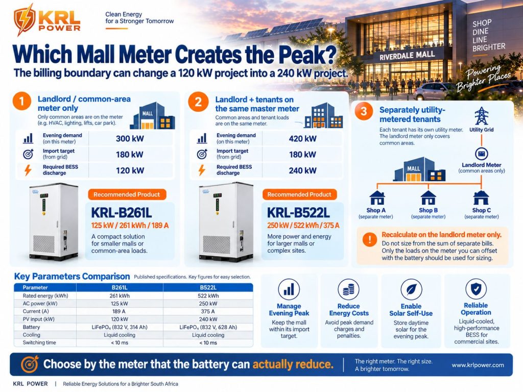 Engineering infographic comparing shopping mall meter boundaries and KRL B261L versus B522L battery storage selection for evening peak shaving
