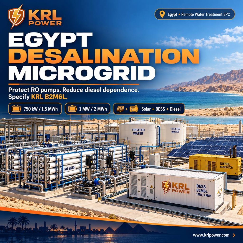 High-quality cover illustration of an Egypt coastal desalination microgrid with RO equipment, solar panels, diesel generator and KRL B2M6L battery energy storage system