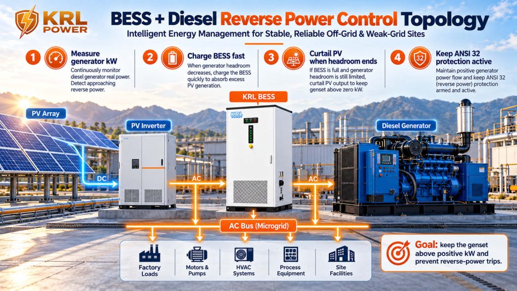 Single bus solar battery diesel microgrid topology showing active PV curtailment, generator positive-kW control, BESS PCS charging headroom, industrial load and ANSI 32 protection