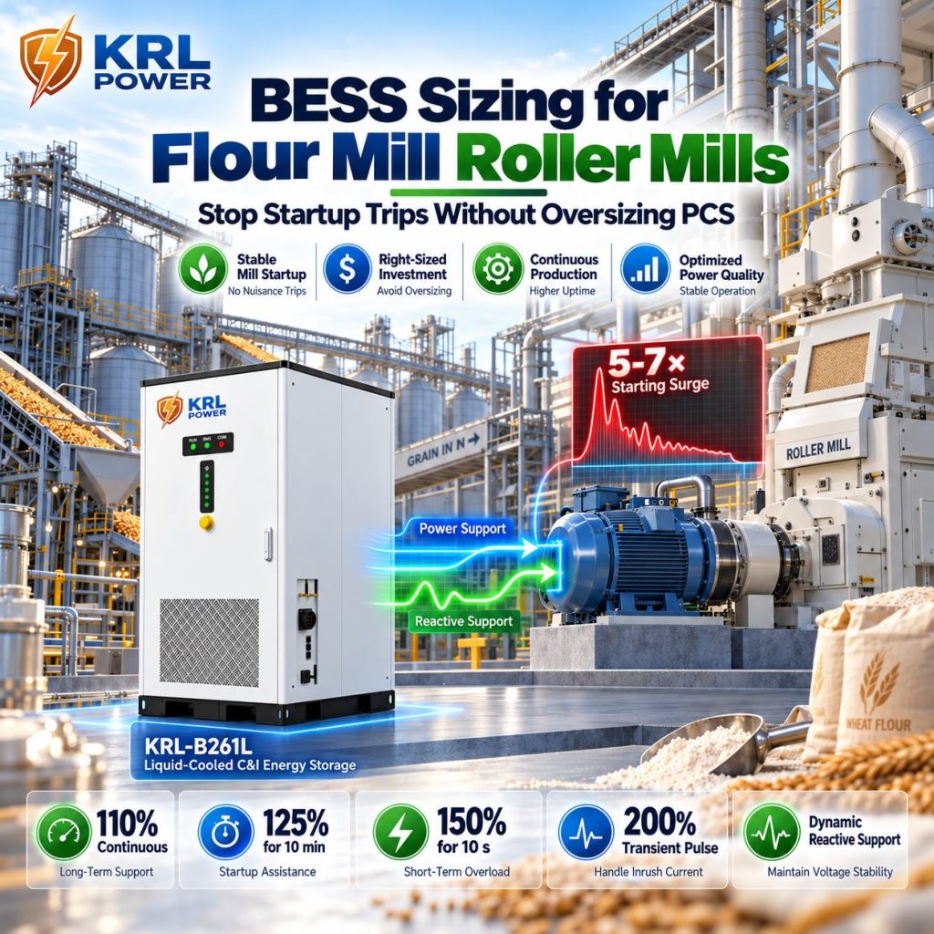 KRL Power BESS supporting roller-mill production in a flour mill, with heavy-duty PCS overload capability and dynamic reactive-power support.