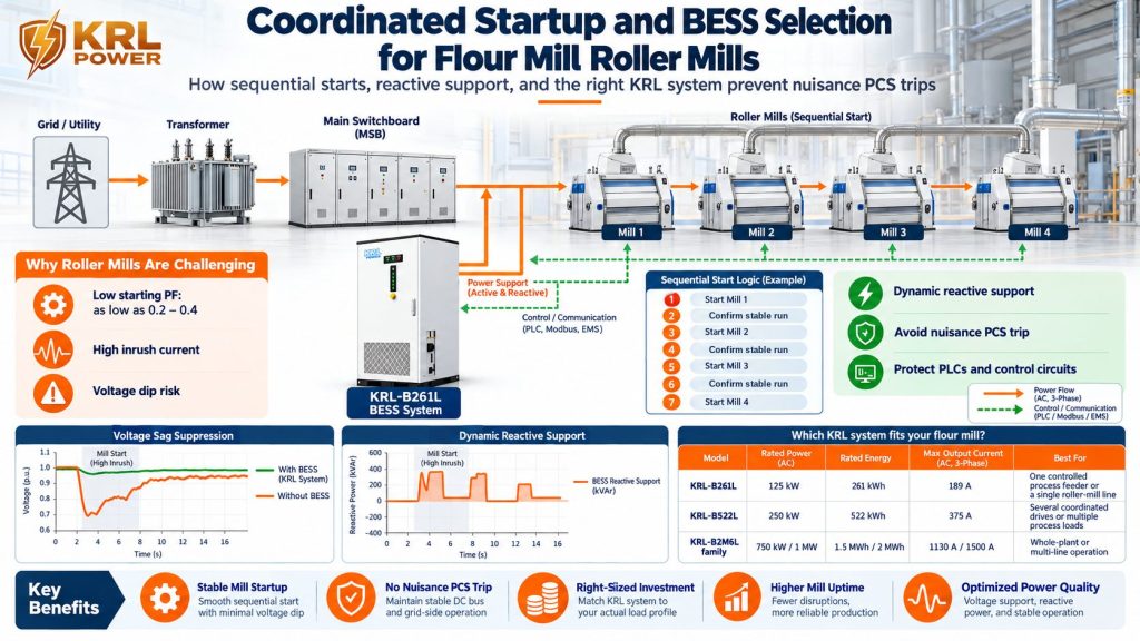 Flour-mill power configuration showing grid, switchgear, KRL BESS and roller mills with a coordinated sequential-start strategy and voltage-support functions.
