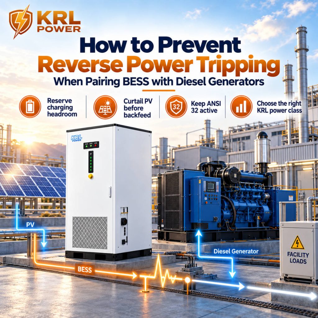 KRL Power industrial engineering illustration of a solar PV plant, diesel generator, and battery energy storage cabinet supporting ANSI 32 reverse-power protection
