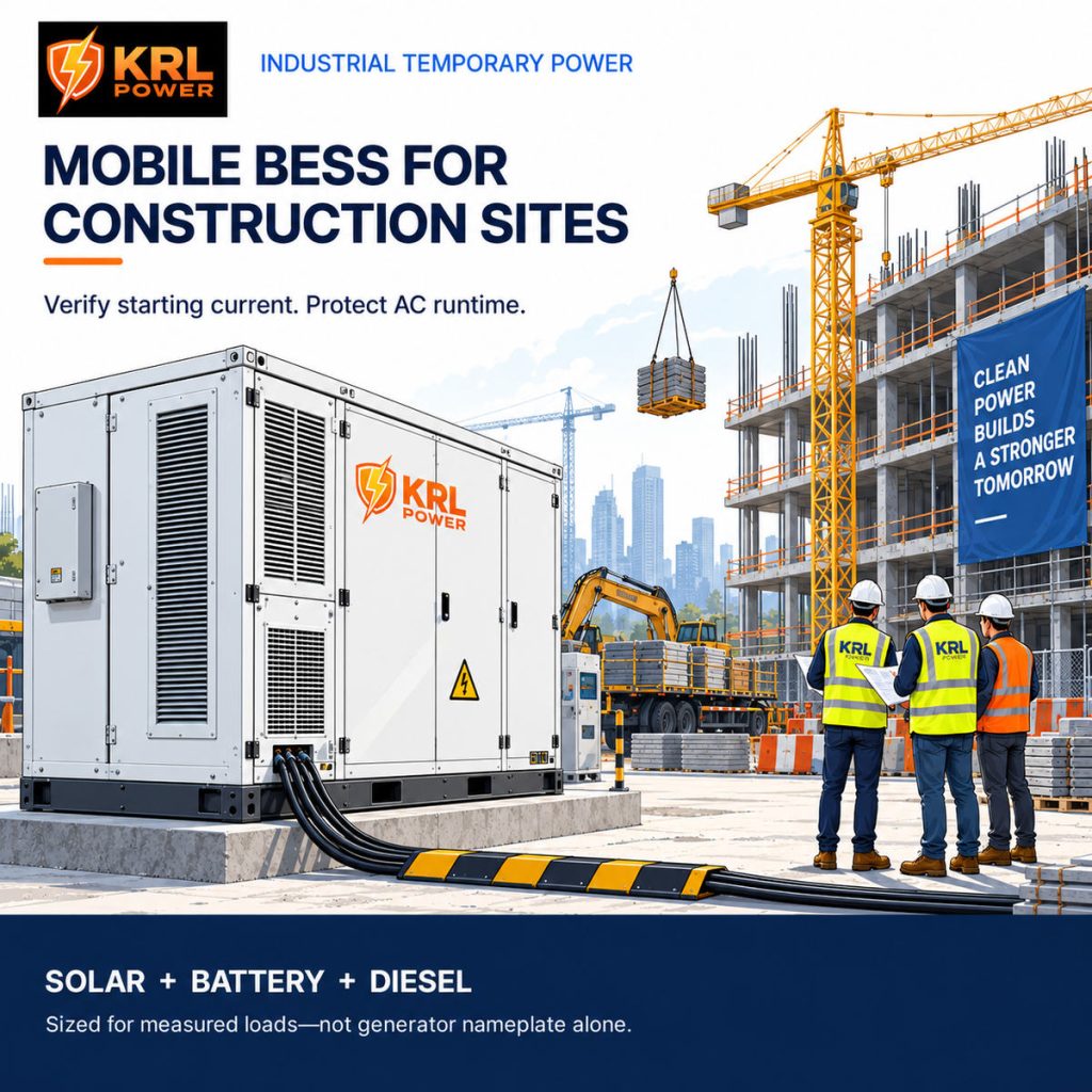 KRL Power industrial engineering illustration of a mobile battery energy storage cabinet at an active construction site with cranes and temporary electrical distribution