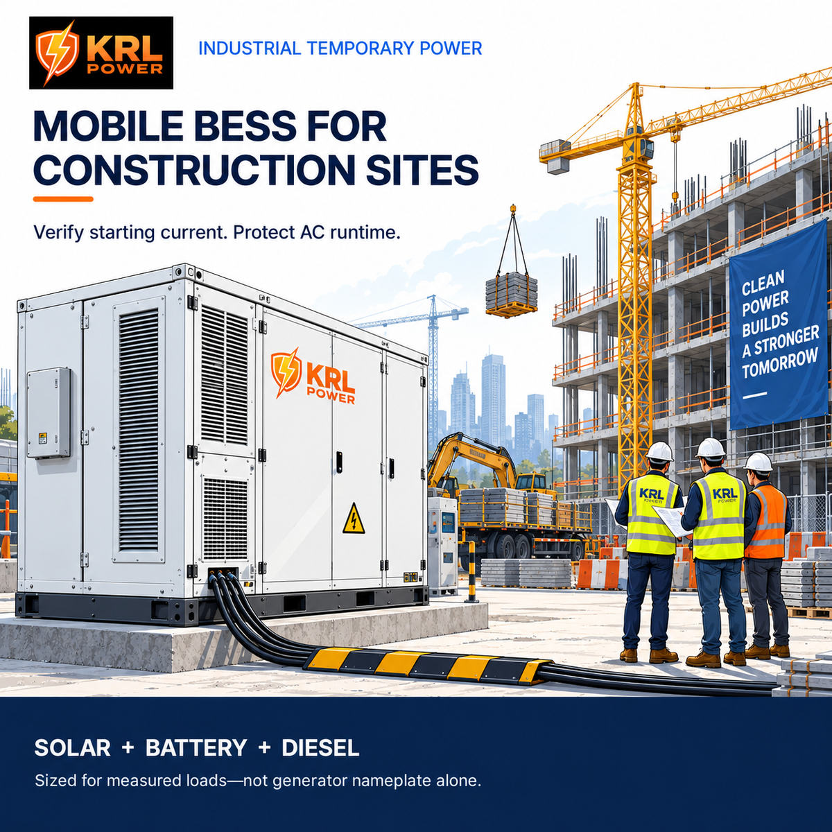 KRL Power industrial engineering illustration of a mobile battery energy storage cabinet at an active construction site with cranes and temporary electrical distribution