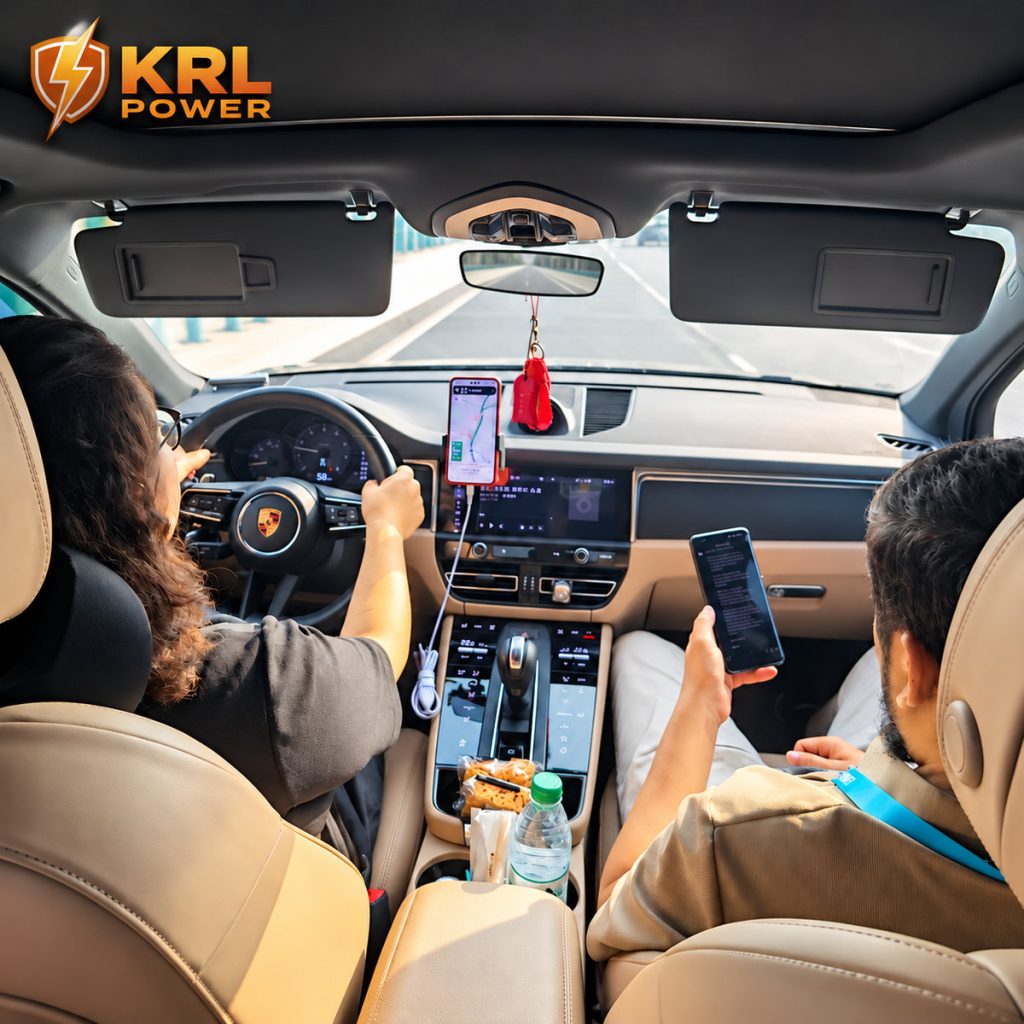 KRL Power representative accompanies Bangladesh EPC visitors by car for the factory visit, with KRL Power logo at upper left and rear-view mirror cleared